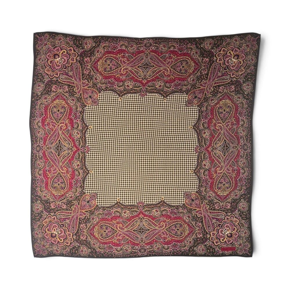Ralph Lauren Paisley & Houndstooth Check Silk Scarf Olive Green & Magenta 32x32"